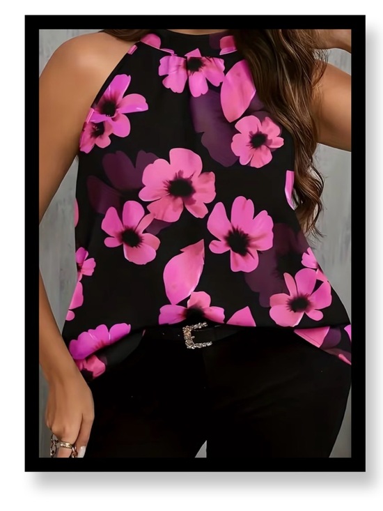 Tops - 🆕 Women’s Plus Size Black Halter Floral Tank Top with Pink Blooms